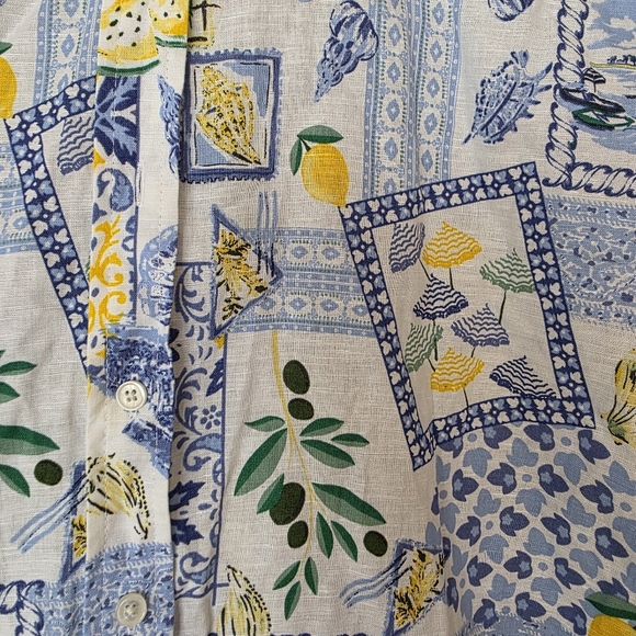 J Crew Linen Blend Coastal Patchwork Lemons Button Up Shirt XL Euro Summmer NWT - Picture 9 of 16